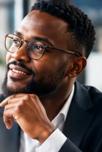 Dirigeant à lunettes, pensif, dans un bureau lumineux