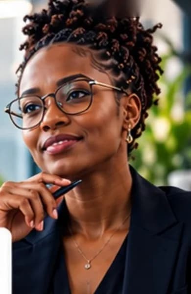 Cheffe de projet à lunettes, stylo à la main, devant son ordinateur