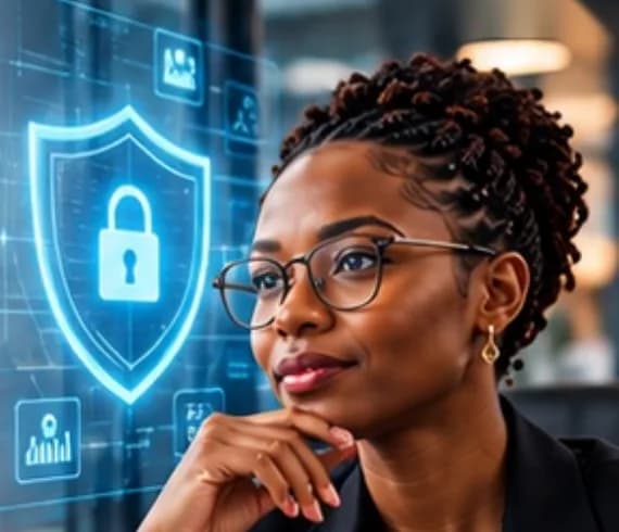 Experte en sécurité devant un bouclier numérique