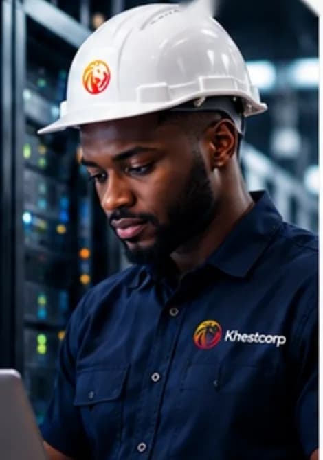 Technicien casqué au logo Khestcorp dans une salle serveurs