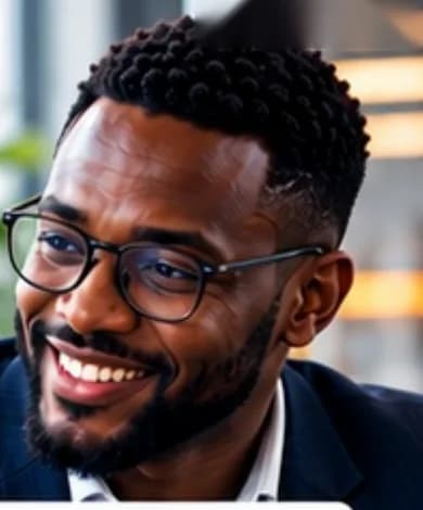 Consultant souriant à lunettes en costume sombre