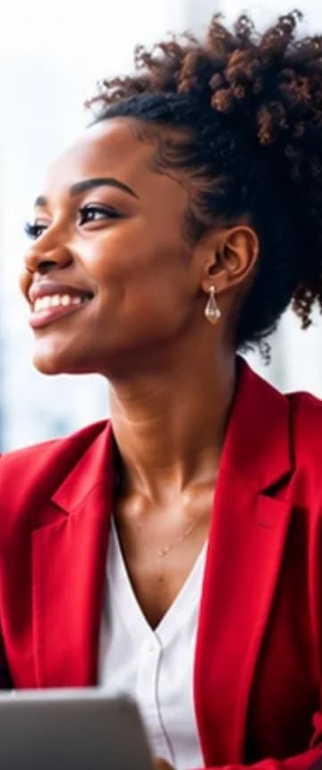Professionnelle souriante en veste rouge devant son ordinateur