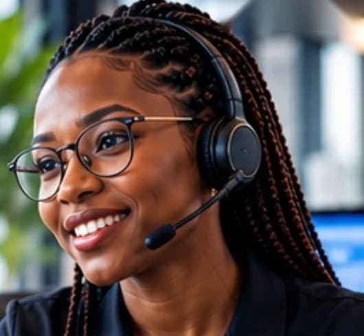 Technicienne du support souriante avec un casque-micro