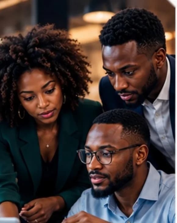Trois collaborateurs étudiant une solution sur un ordinateur portable