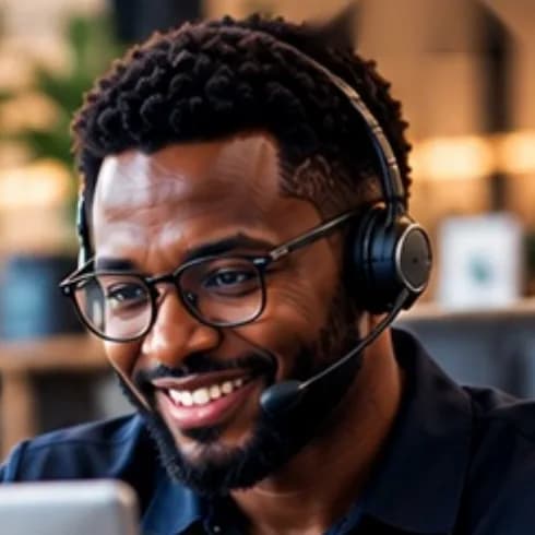 Technicien du support souriant avec un casque-micro